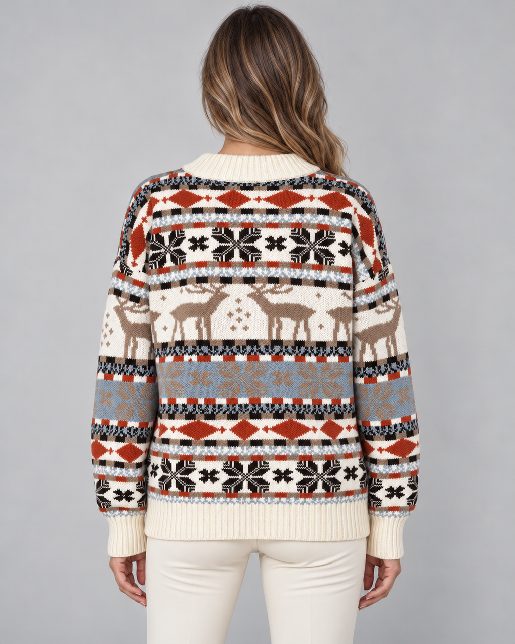 Women's Reindeer Snowflake Mock Neck Sweater – Nordic Fair Isle Holiday Knit