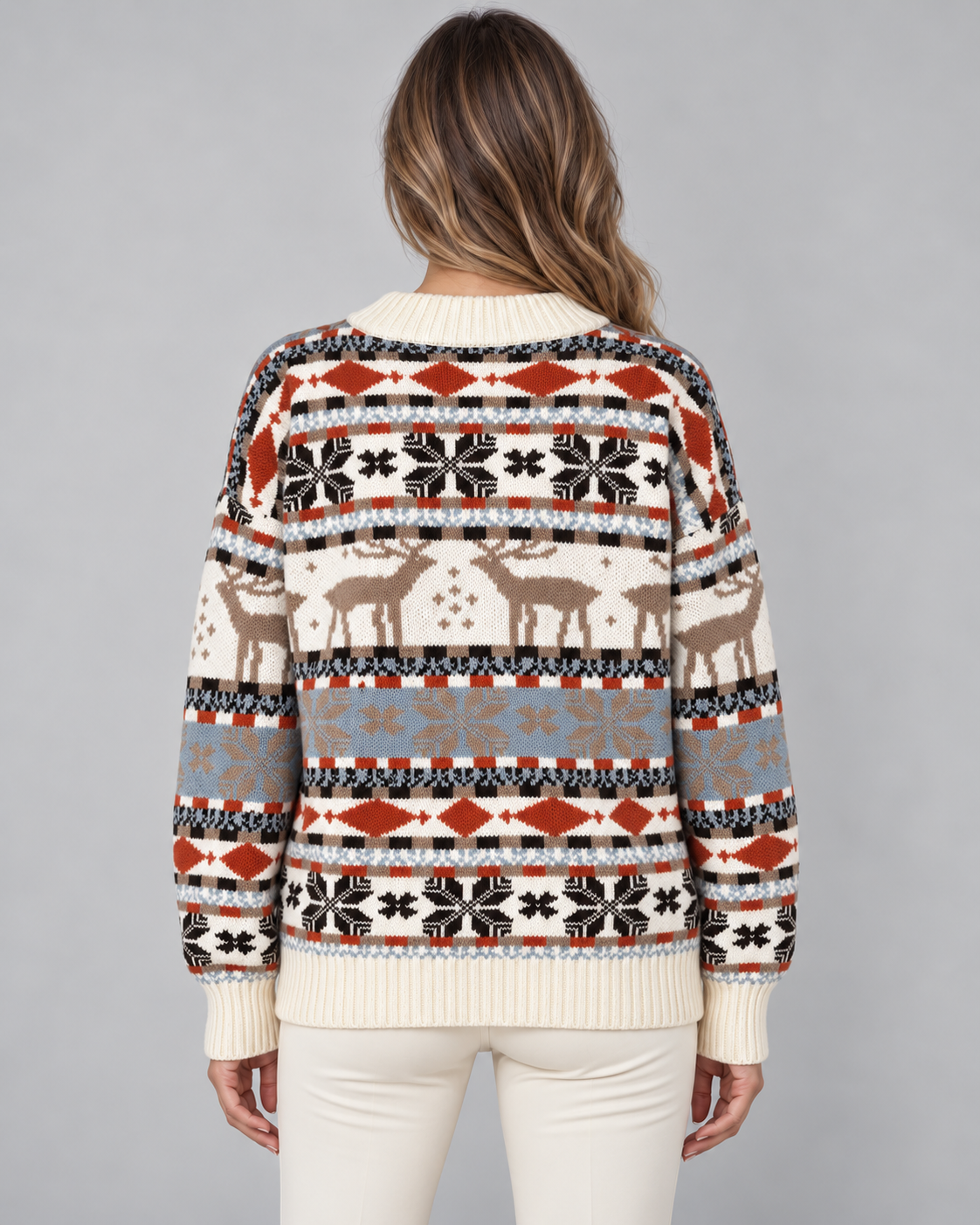 Women's Reindeer Snowflake Mock Neck Sweater – Nordic Fair Isle Holiday Knit