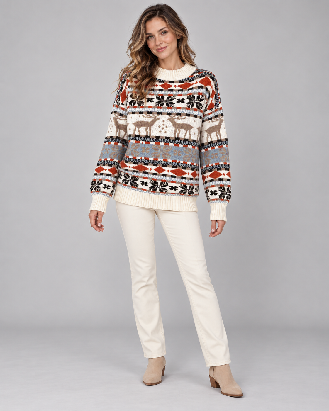 Women's Reindeer Snowflake Mock Neck Sweater – Nordic Fair Isle Holiday Knit