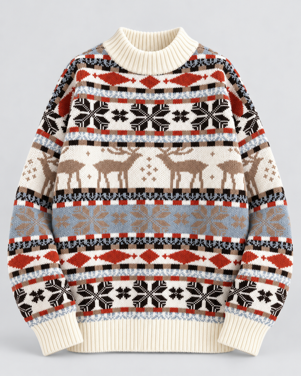 Women's Reindeer Snowflake Mock Neck Sweater – Nordic Fair Isle Holiday Knit