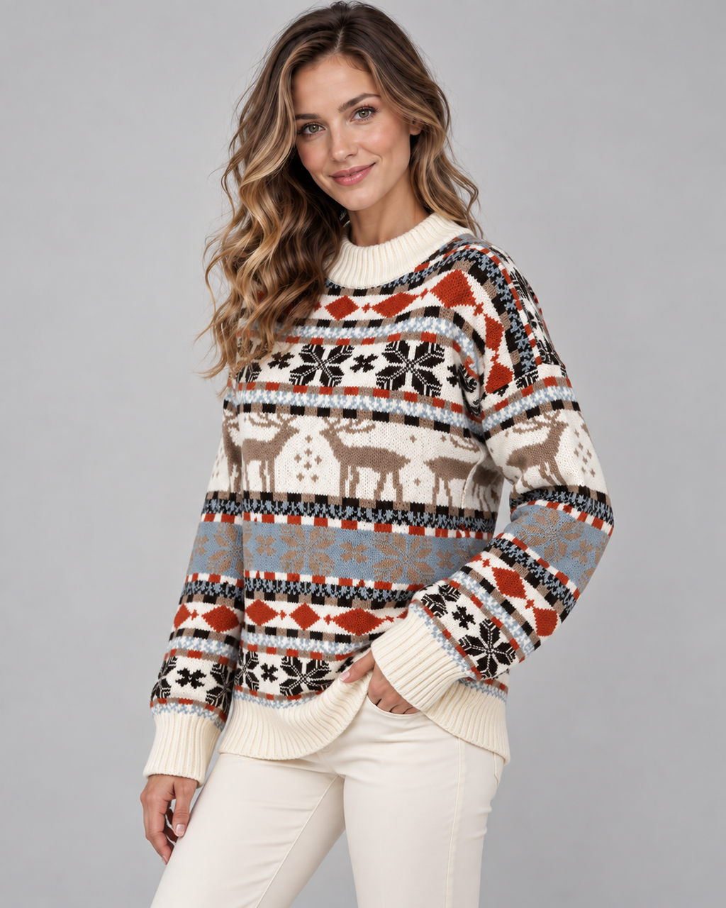 Women's Reindeer Snowflake Mock Neck Sweater – Nordic Fair Isle Holiday Knit