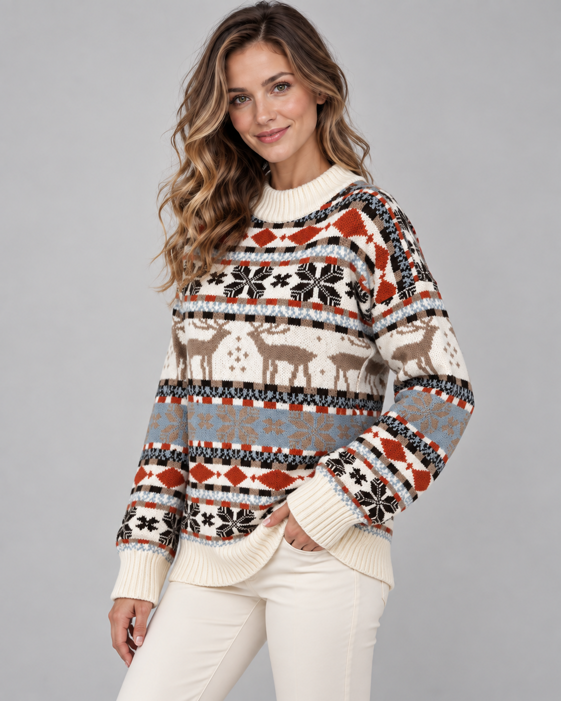 Women's Reindeer Snowflake Mock Neck Sweater – Nordic Fair Isle Holiday Knit