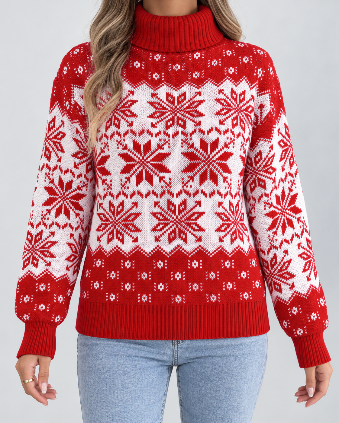 Women's All-Over Snowflake Christmas Turtleneck – Fair Isle Holiday Sweater