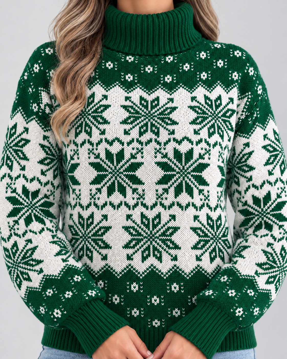 Women's All-Over Snowflake Christmas Turtleneck – Fair Isle Holiday Sweater