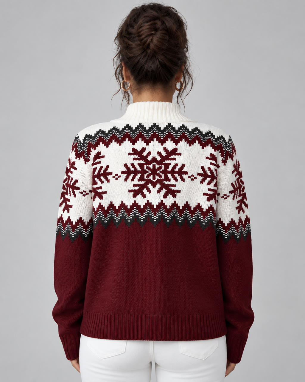 Women's Fair Isle Snowflake Quarter-Zip Sweater – Funnel Collar Nordic Knit Pullover