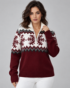 Women's Fair Isle Snowflake Quarter-Zip Sweater – Funnel Collar Nordic Knit Pullover