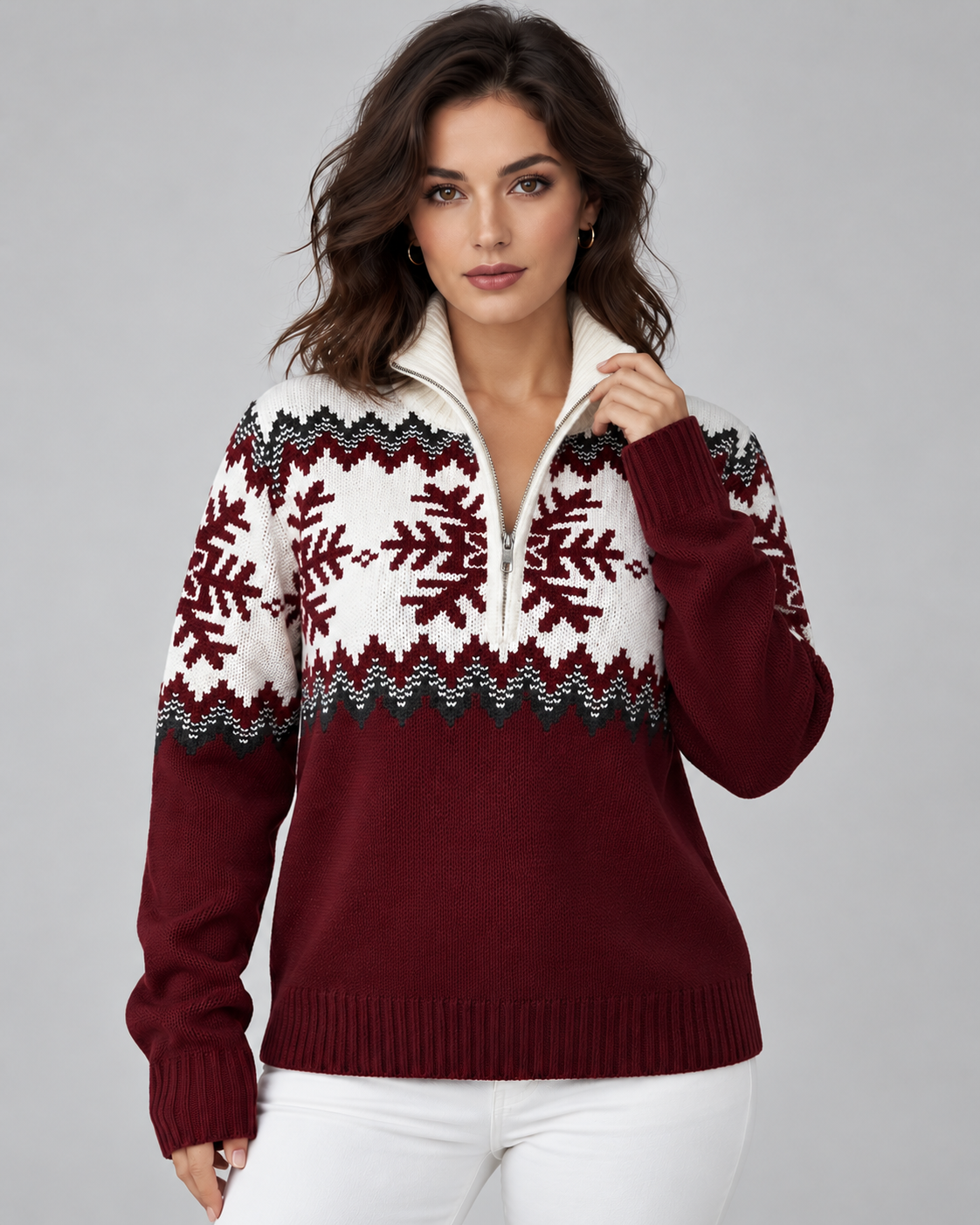 Women's Fair Isle Snowflake Quarter-Zip Sweater – Funnel Collar Nordic Knit Pullover