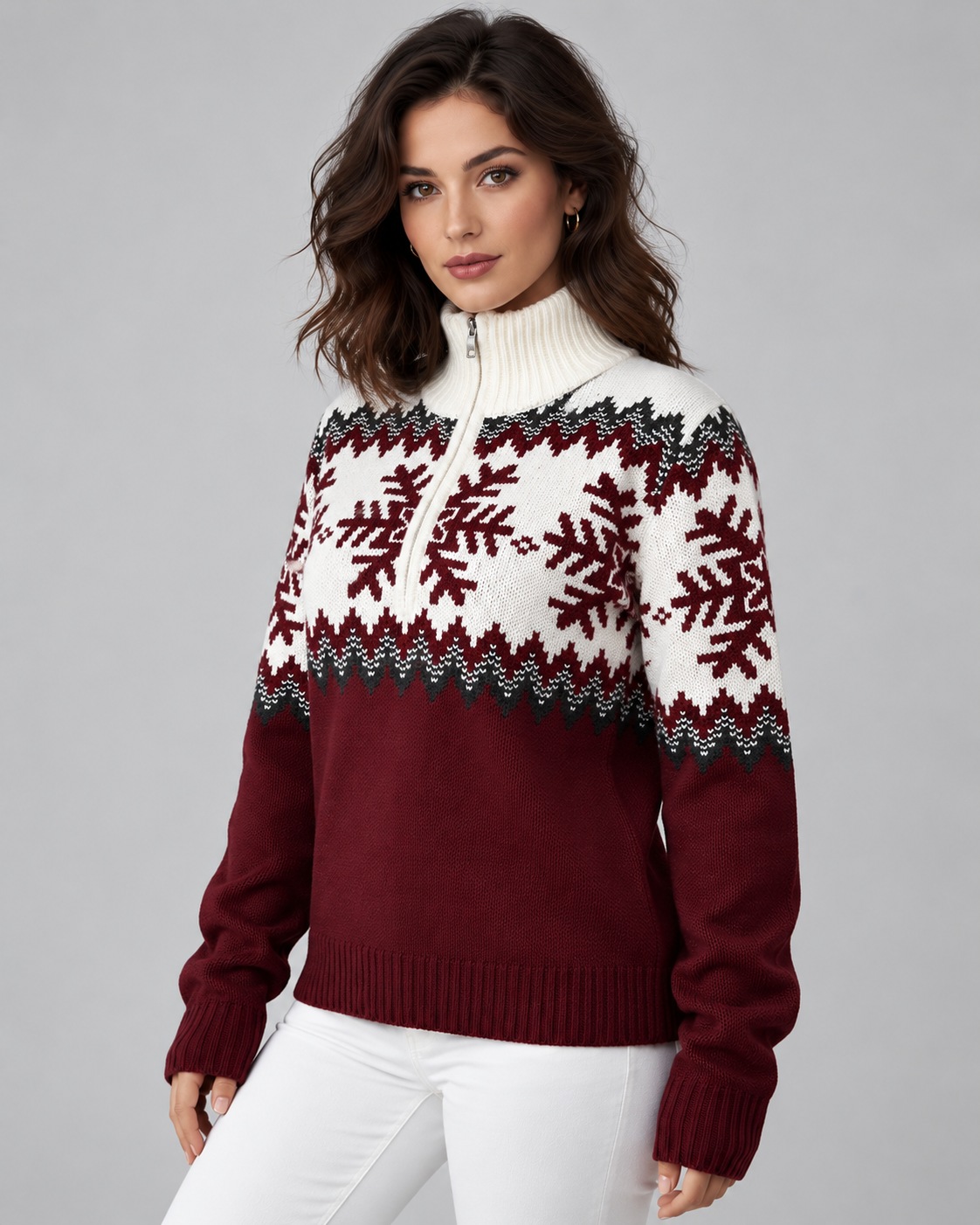 Women's Fair Isle Snowflake Quarter-Zip Sweater – Funnel Collar Nordic Knit Pullover