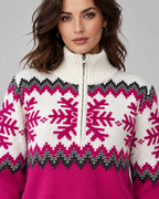 Women's Fair Isle Snowflake Quarter-Zip Sweater – Funnel Collar Nordic Knit Pullover