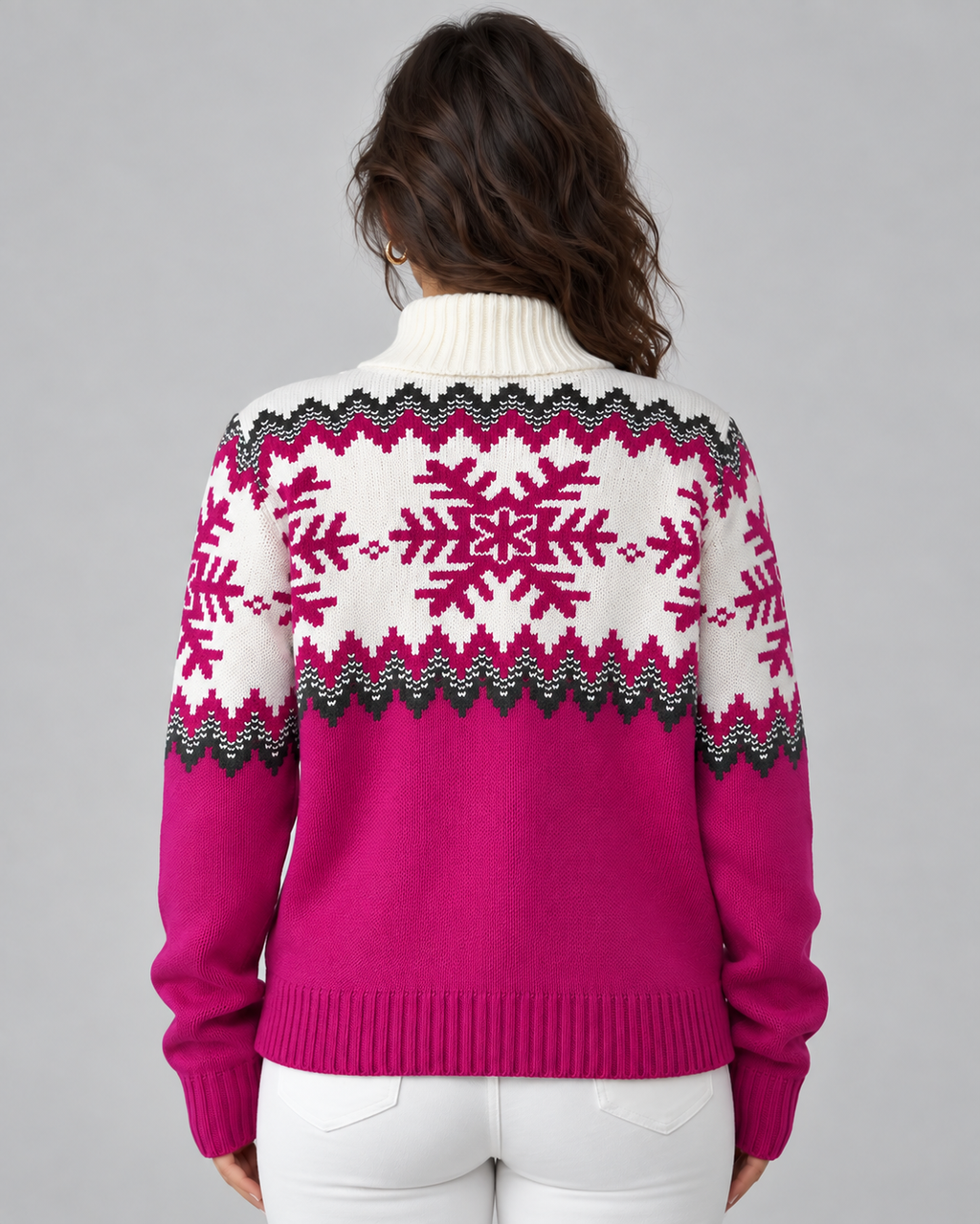 Women's Fair Isle Snowflake Quarter-Zip Sweater – Funnel Collar Nordic Knit Pullover