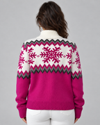 Women's Fair Isle Snowflake Quarter-Zip Sweater – Funnel Collar Nordic Knit Pullover