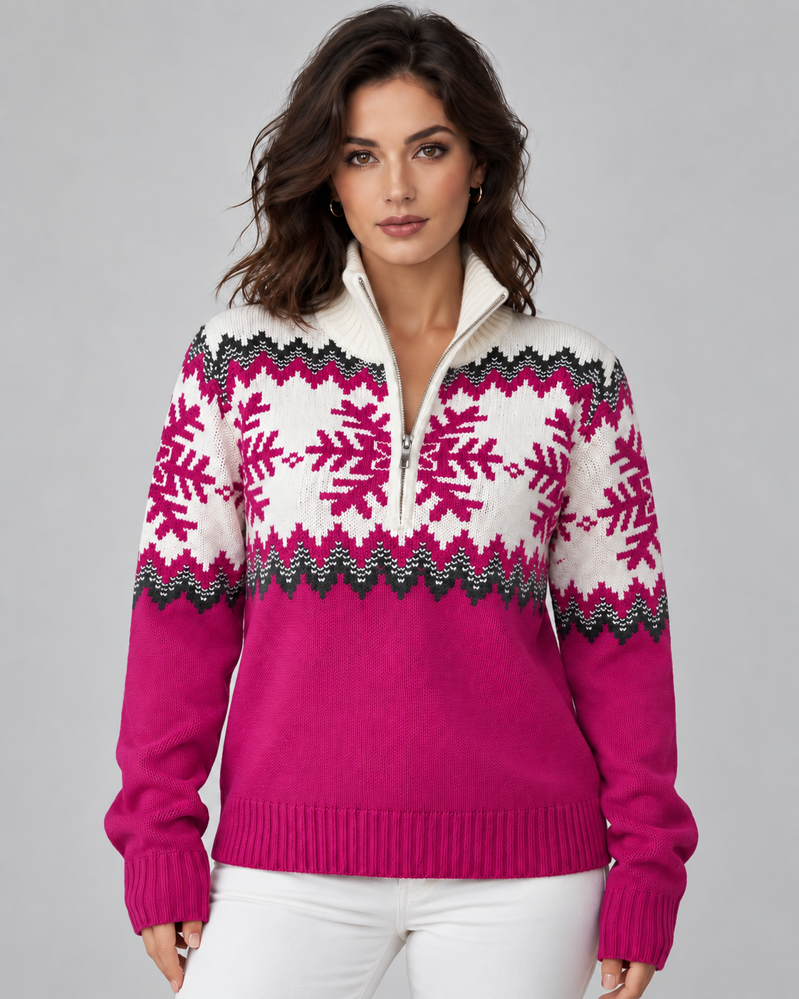 Women's Fair Isle Snowflake Quarter-Zip Sweater – Funnel Collar Nordic Knit Pullover