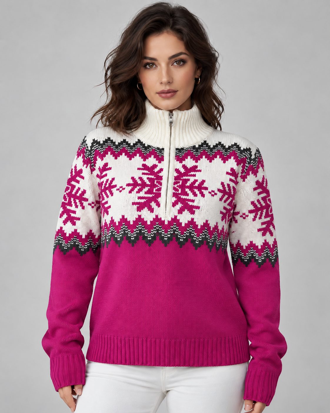 Women's Fair Isle Snowflake Quarter-Zip Sweater – Funnel Collar Nordic Knit Pullover
