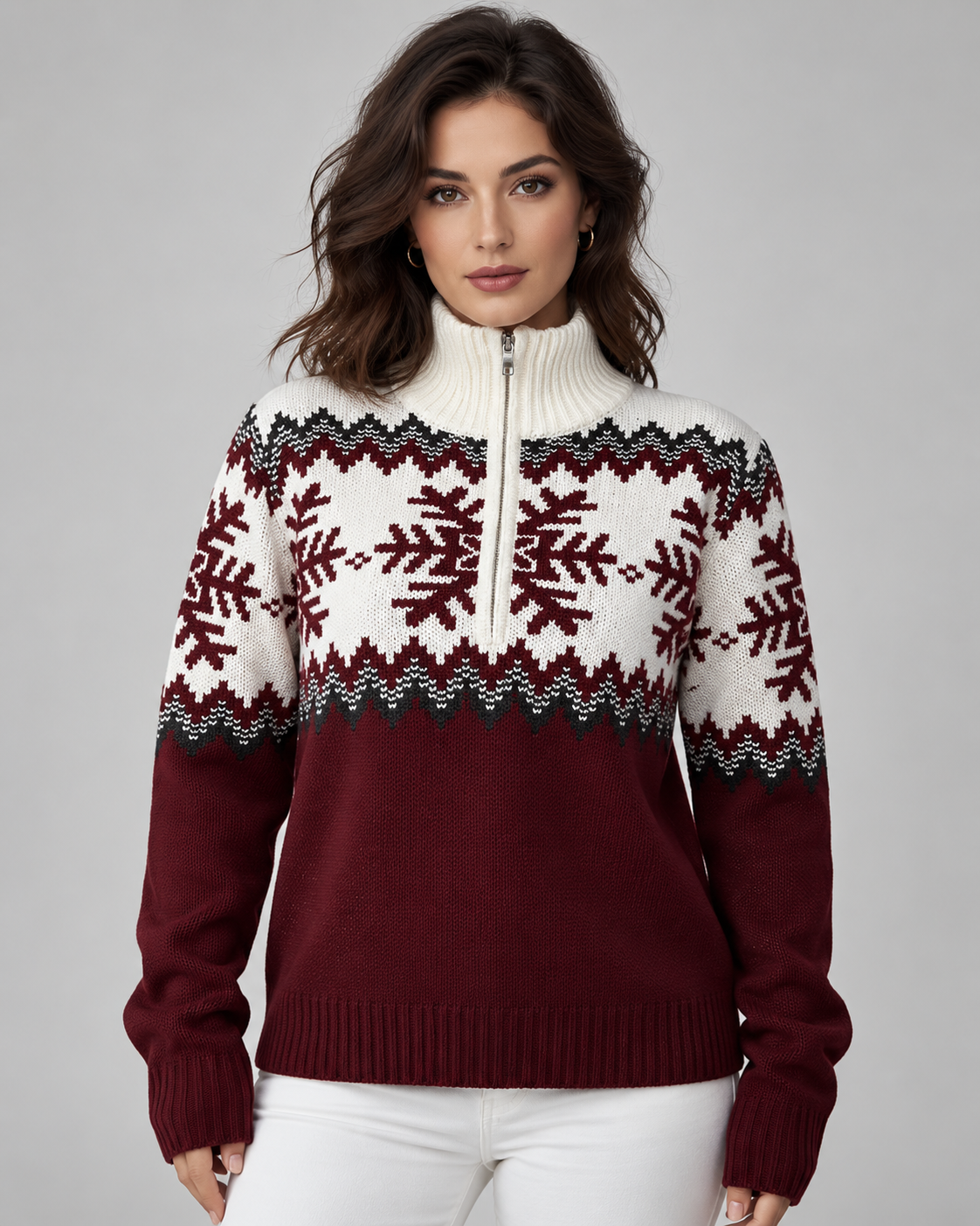 Women's Fair Isle Snowflake Quarter-Zip Sweater – Funnel Collar Nordic Knit Pullover