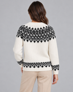 Women's Fair Isle Geometric Crew Neck Sweater – Black and Gray Diamond Knit