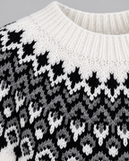 Women's Fair Isle Geometric Crew Neck Sweater – Black and Gray Diamond Knit