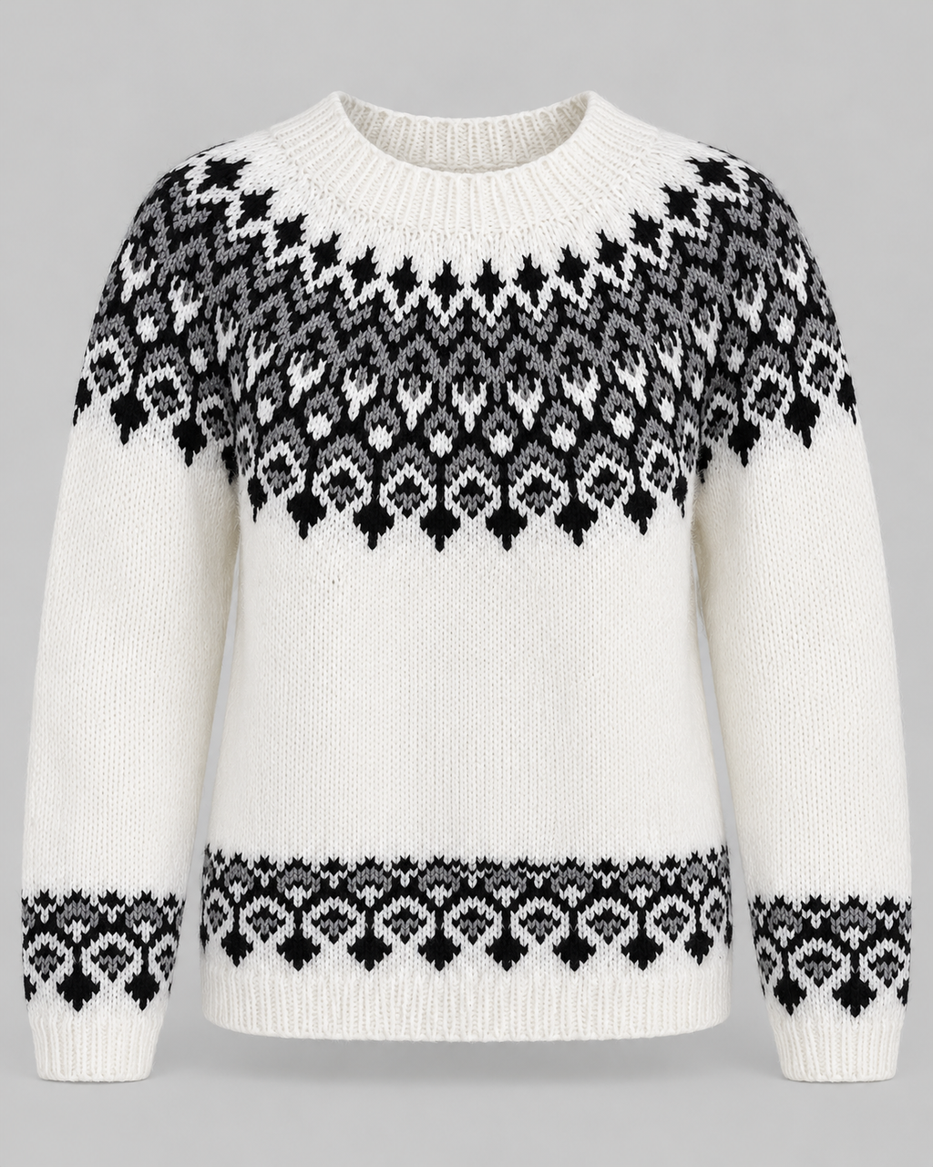 Women's Fair Isle Geometric Crew Neck Sweater – Black and Gray Diamond Knit