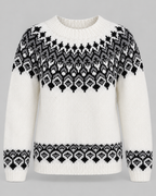 Women's Fair Isle Geometric Crew Neck Sweater – Black and Gray Diamond Knit