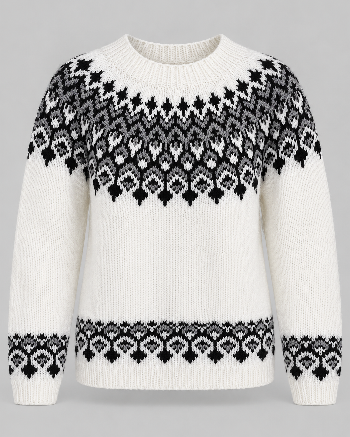 Women's Fair Isle Geometric Crew Neck Sweater – Black and Gray Diamond Knit