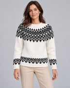 Women's Fair Isle Geometric Crew Neck Sweater – Black and Gray Diamond Knit