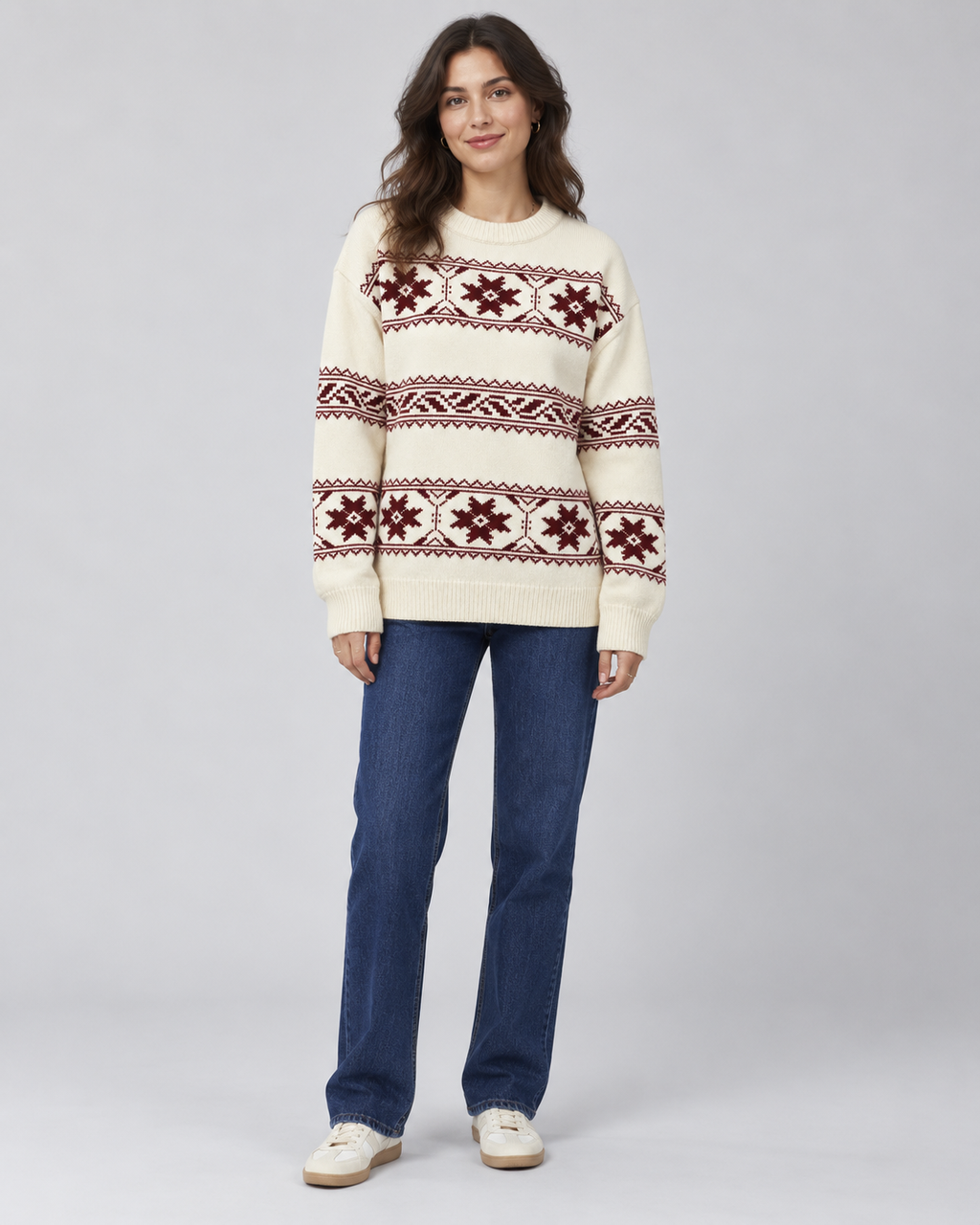 Women's Fair Isle Snowflake Sweater – Relaxed Crew Neck Nordic Knit in Ivory