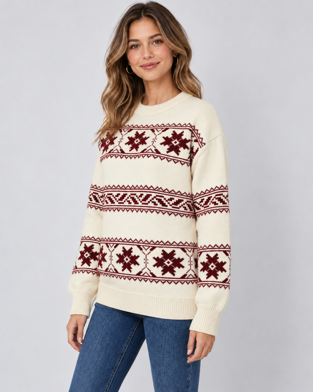 Women's Fair Isle Snowflake Sweater – Relaxed Crew Neck Nordic Knit in Ivory