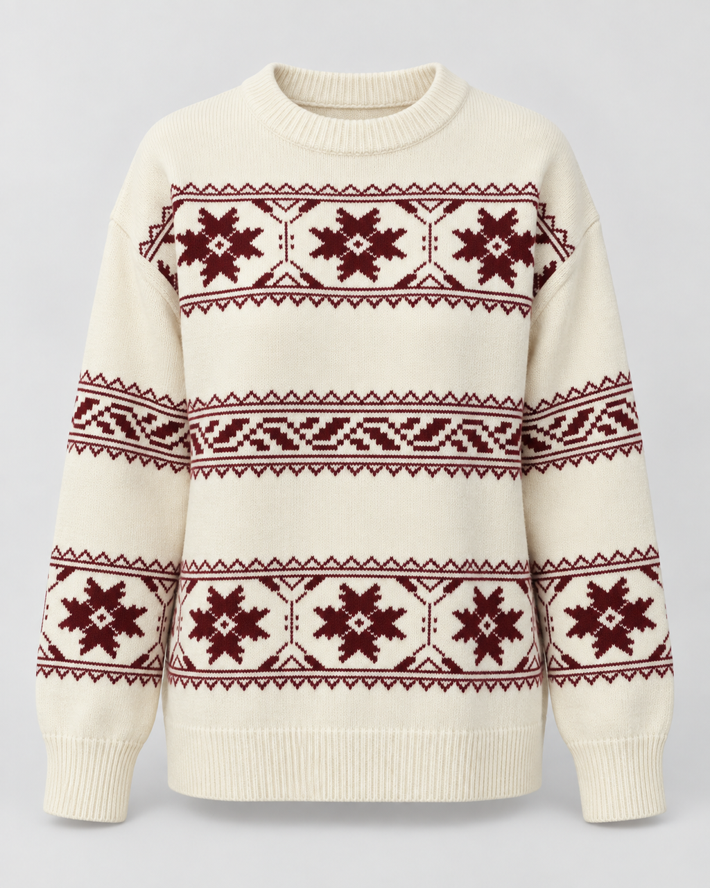 Women's Fair Isle Snowflake Sweater – Relaxed Crew Neck Nordic Knit in Ivory