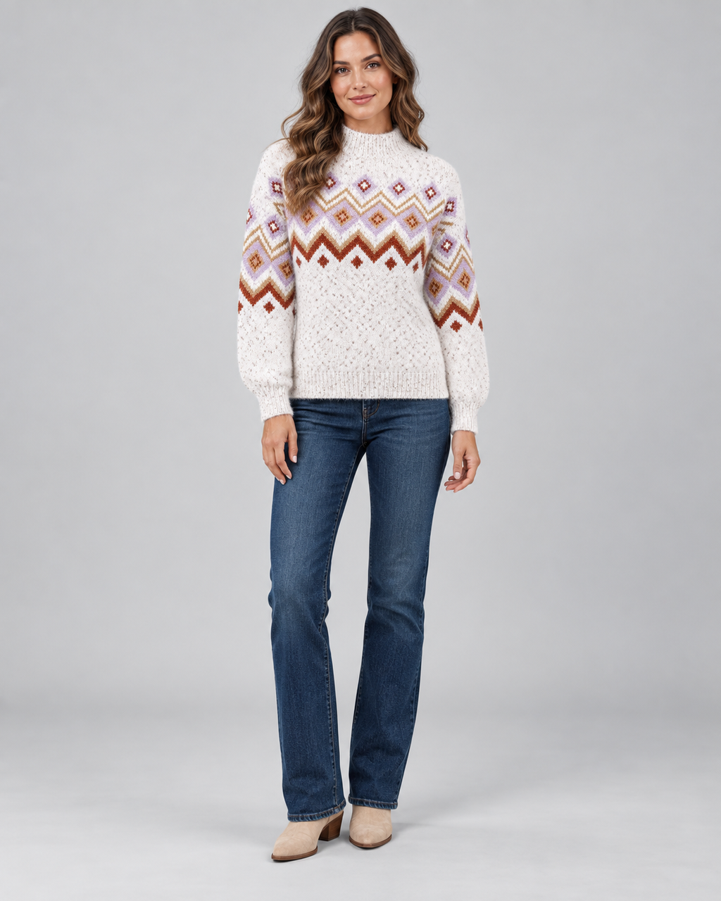 Women's Fair Isle High Neck Sweater – Nordic Geometric Pattern Knit Pullover