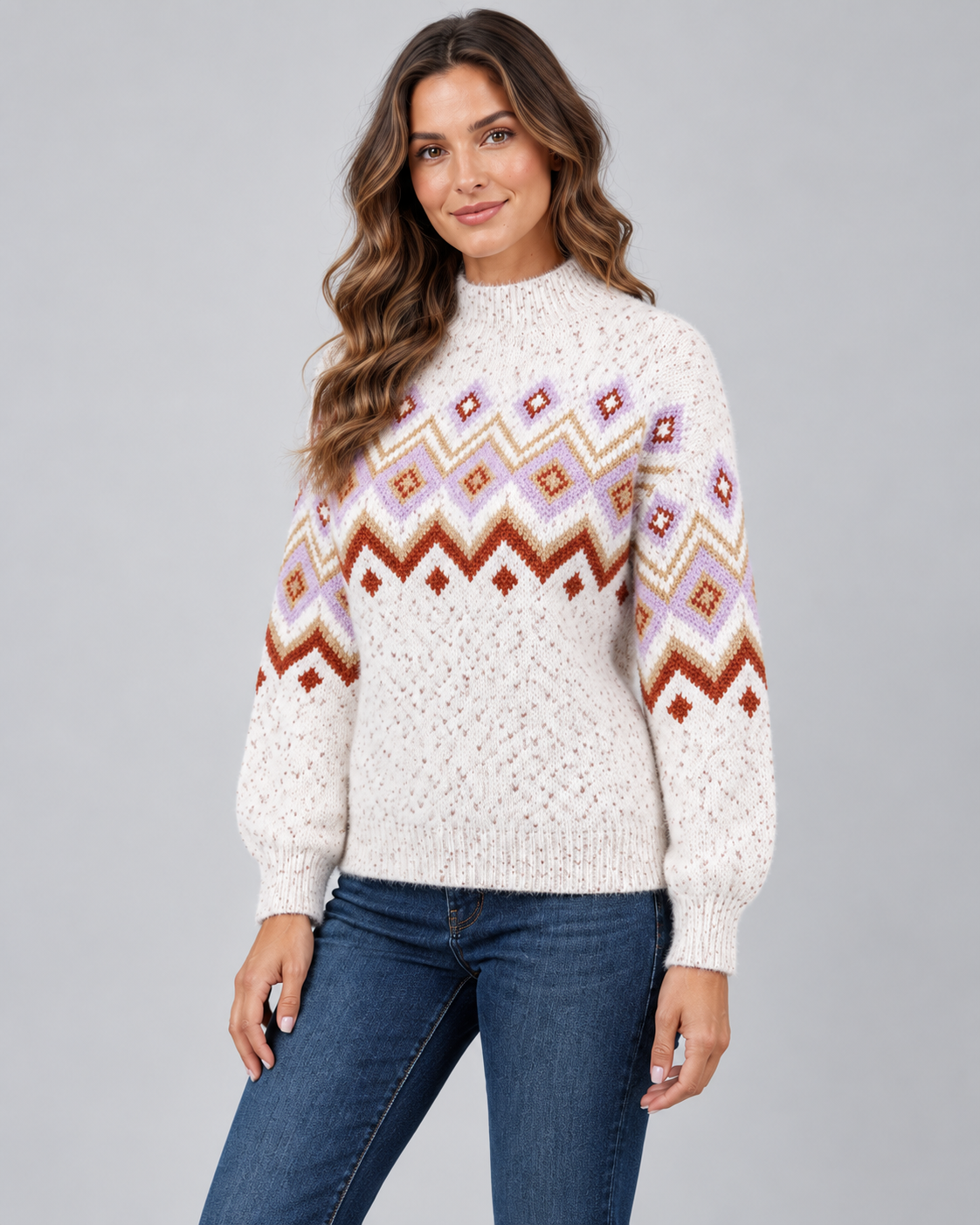 Women's Fair Isle High Neck Sweater – Nordic Geometric Pattern Knit Pullover