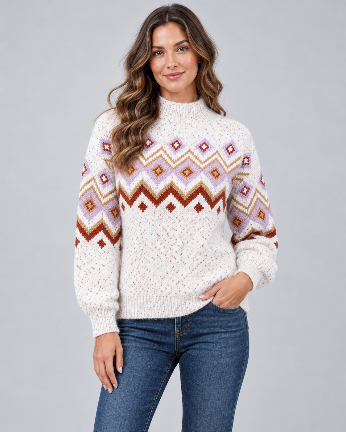 Women's Fair Isle High Neck Sweater – Nordic Geometric Pattern Knit Pullover