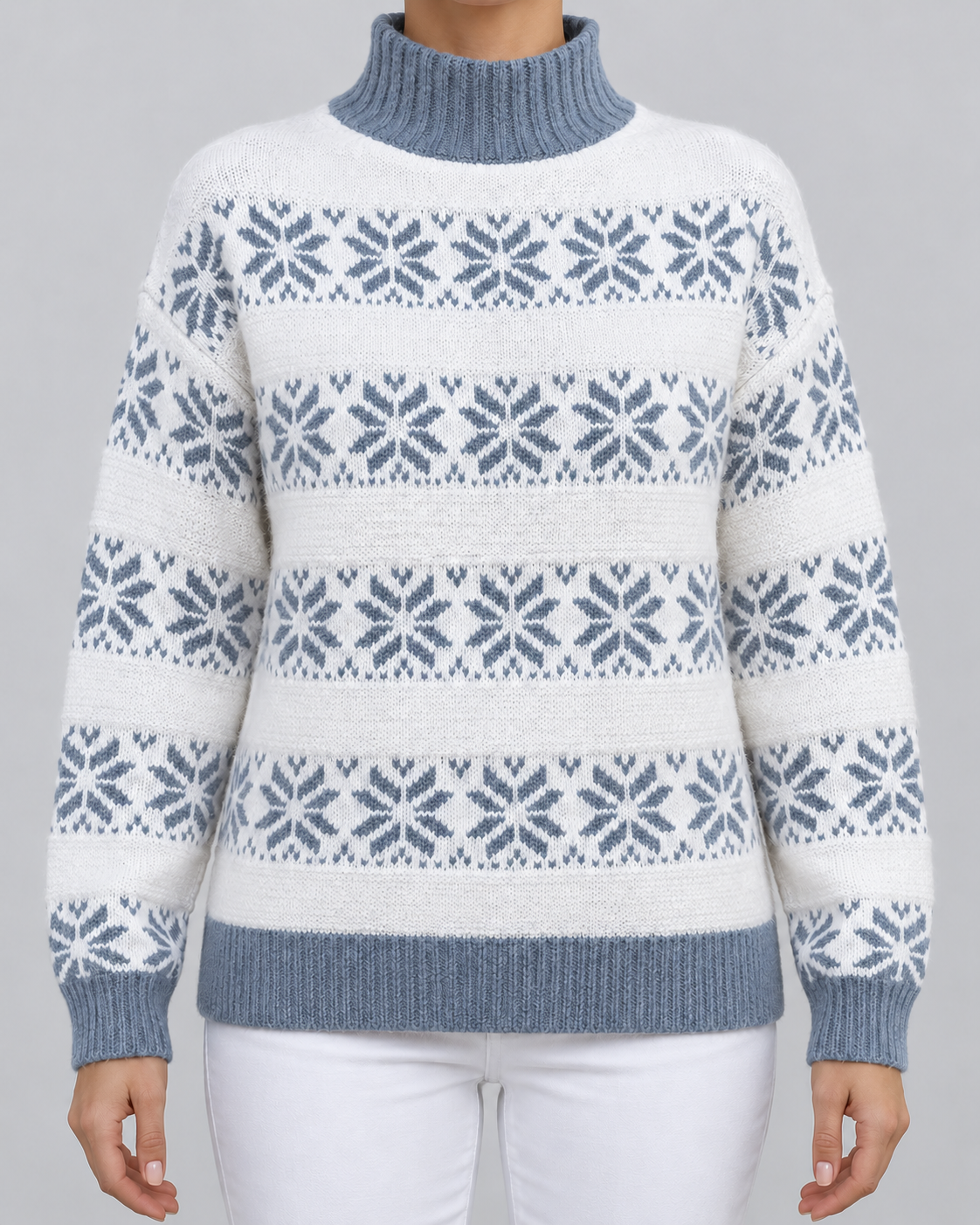 Women's Fair Isle Snowflake Turtleneck Sweater – Contrast Collar Nordic Knit