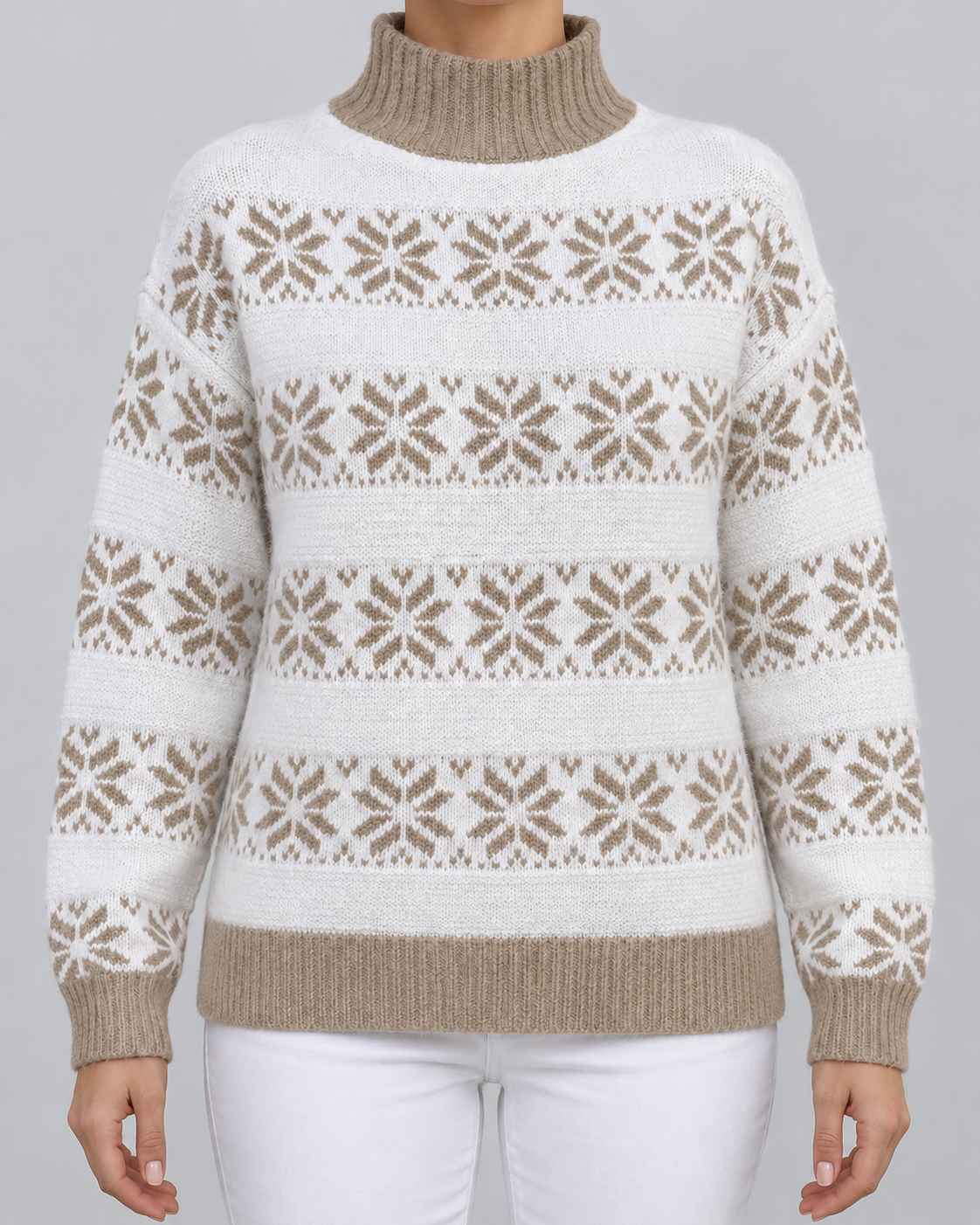 Women's Fair Isle Snowflake Turtleneck Sweater – Contrast Collar Nordic Knit