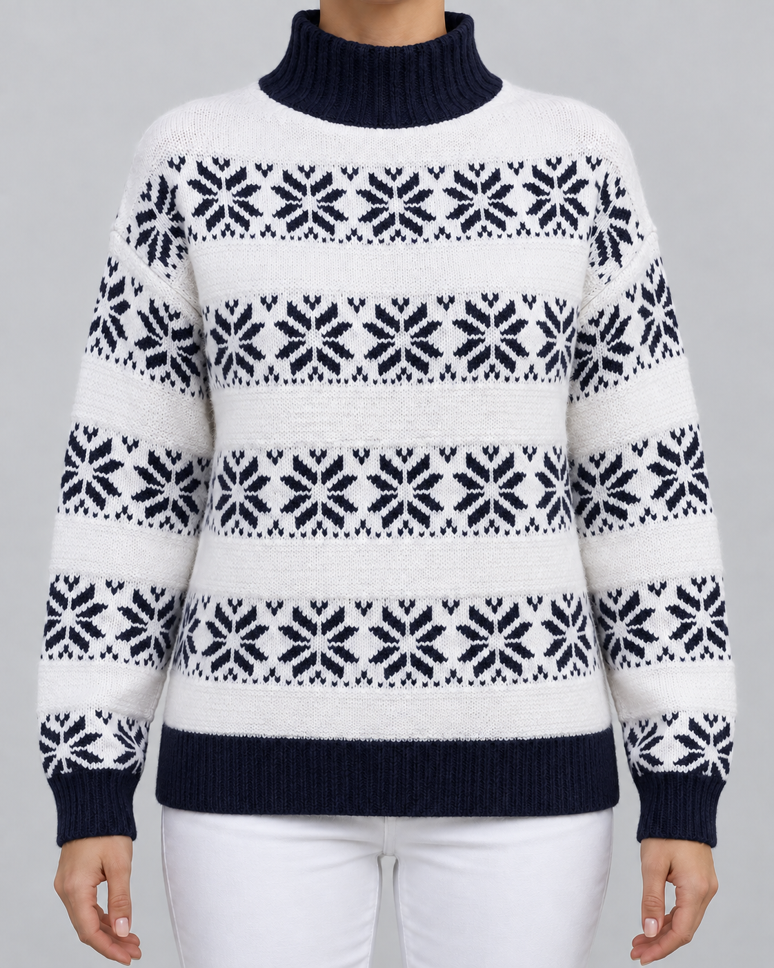 Women's Fair Isle Snowflake Turtleneck Sweater – Contrast Collar Nordic Knit