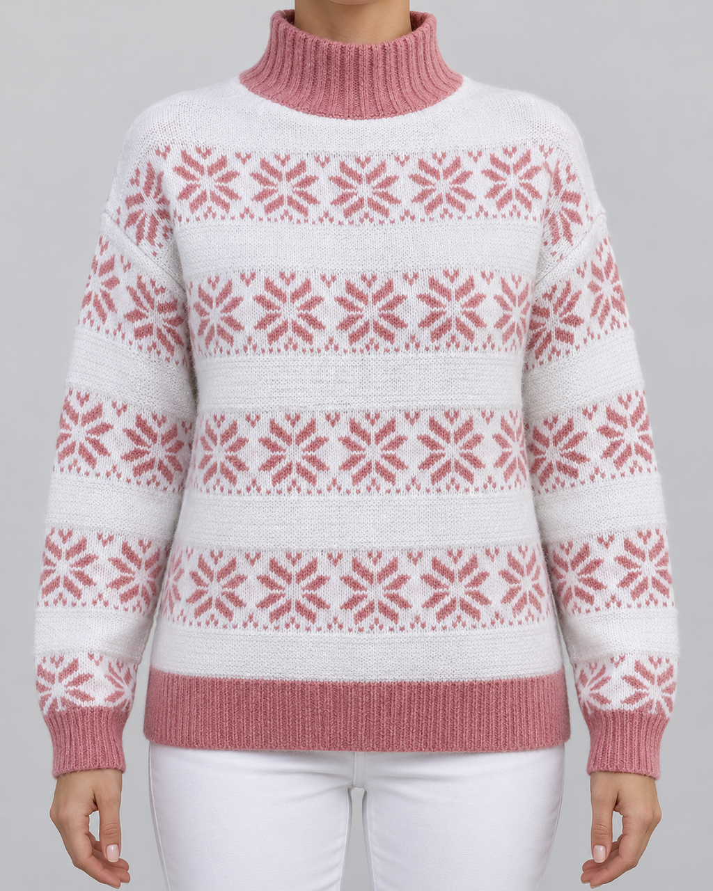 Women's Fair Isle Snowflake Turtleneck Sweater – Contrast Collar Nordic Knit