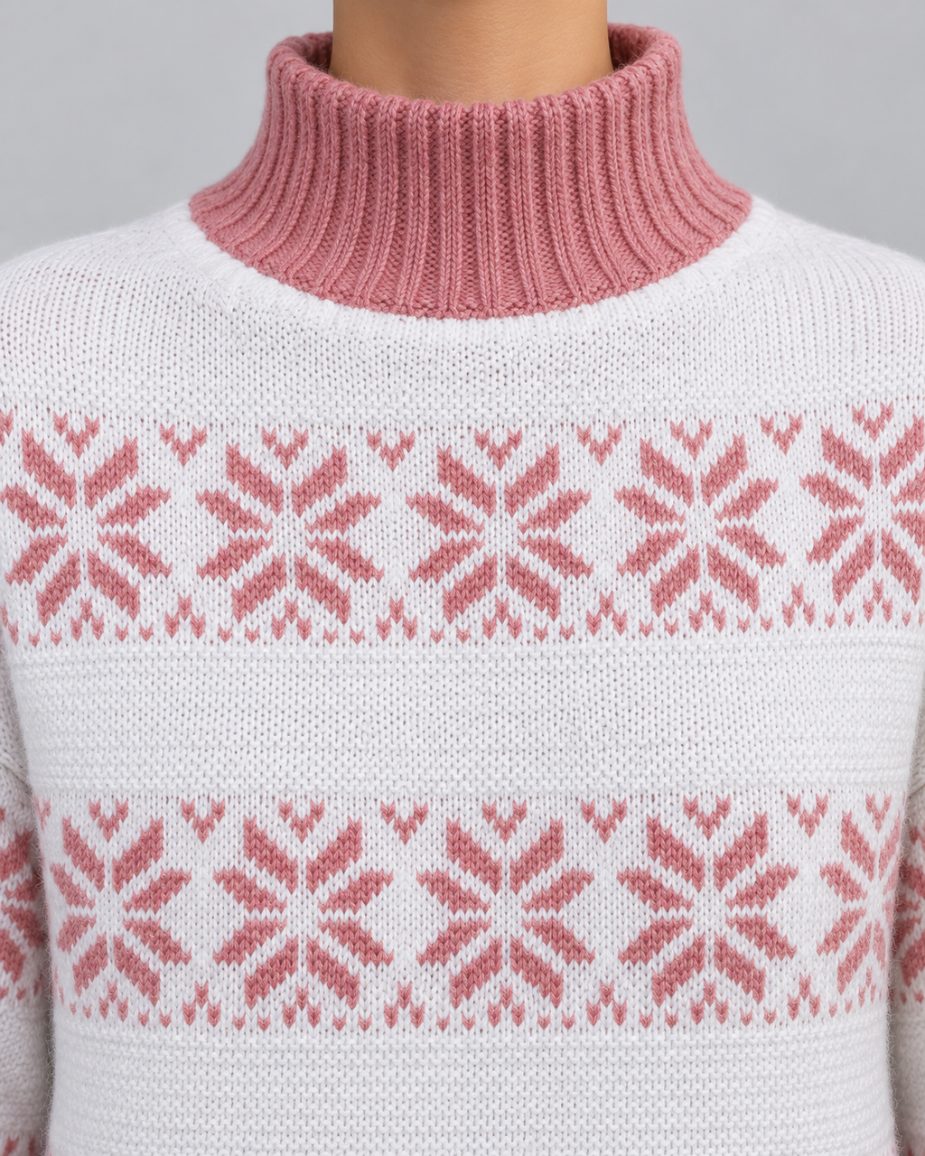 Women's Fair Isle Snowflake Turtleneck Sweater – Contrast Collar Nordic Knit