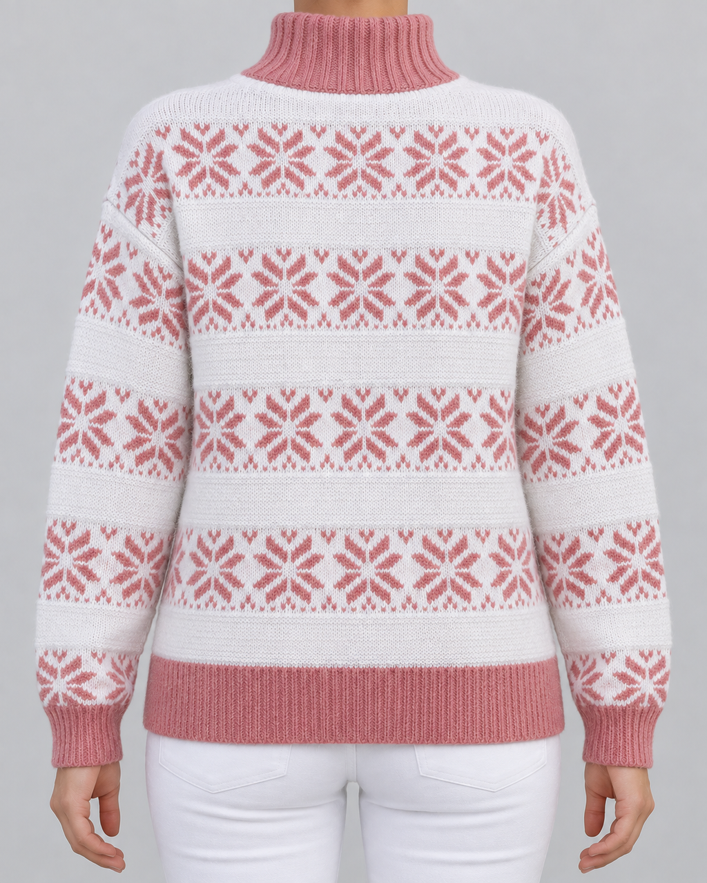 Women's Fair Isle Snowflake Turtleneck Sweater – Contrast Collar Nordic Knit