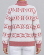 Women's Fair Isle Snowflake Turtleneck Sweater – Contrast Collar Nordic Knit