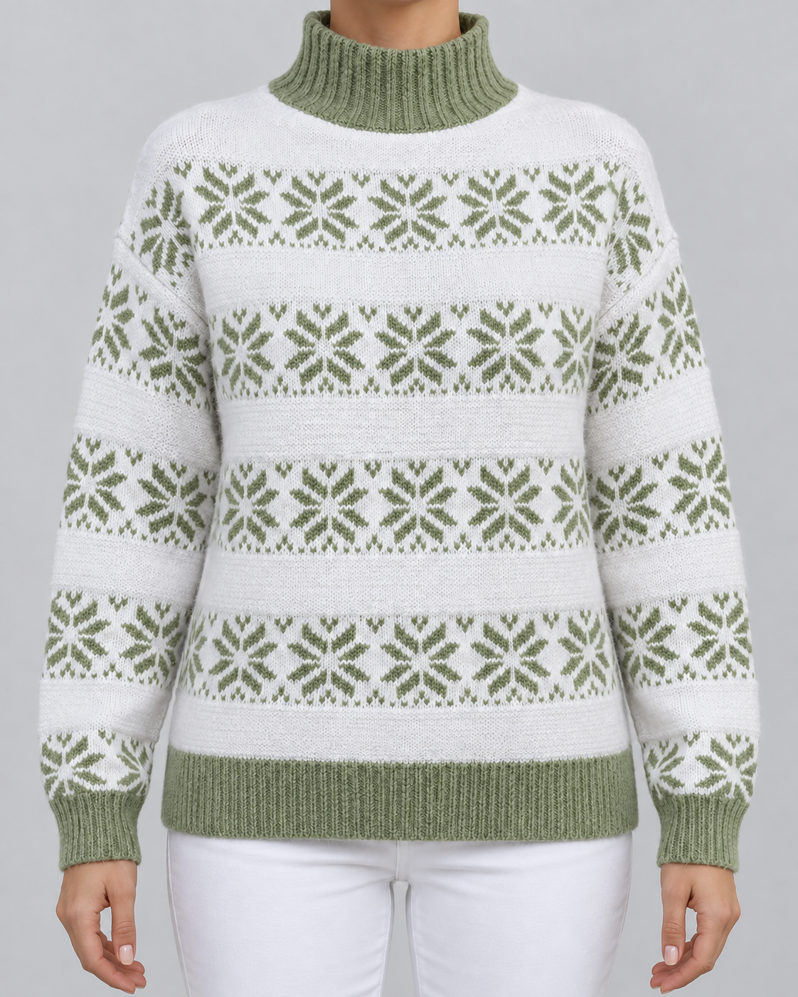 Women's Fair Isle Snowflake Turtleneck Sweater – Contrast Collar Nordic Knit