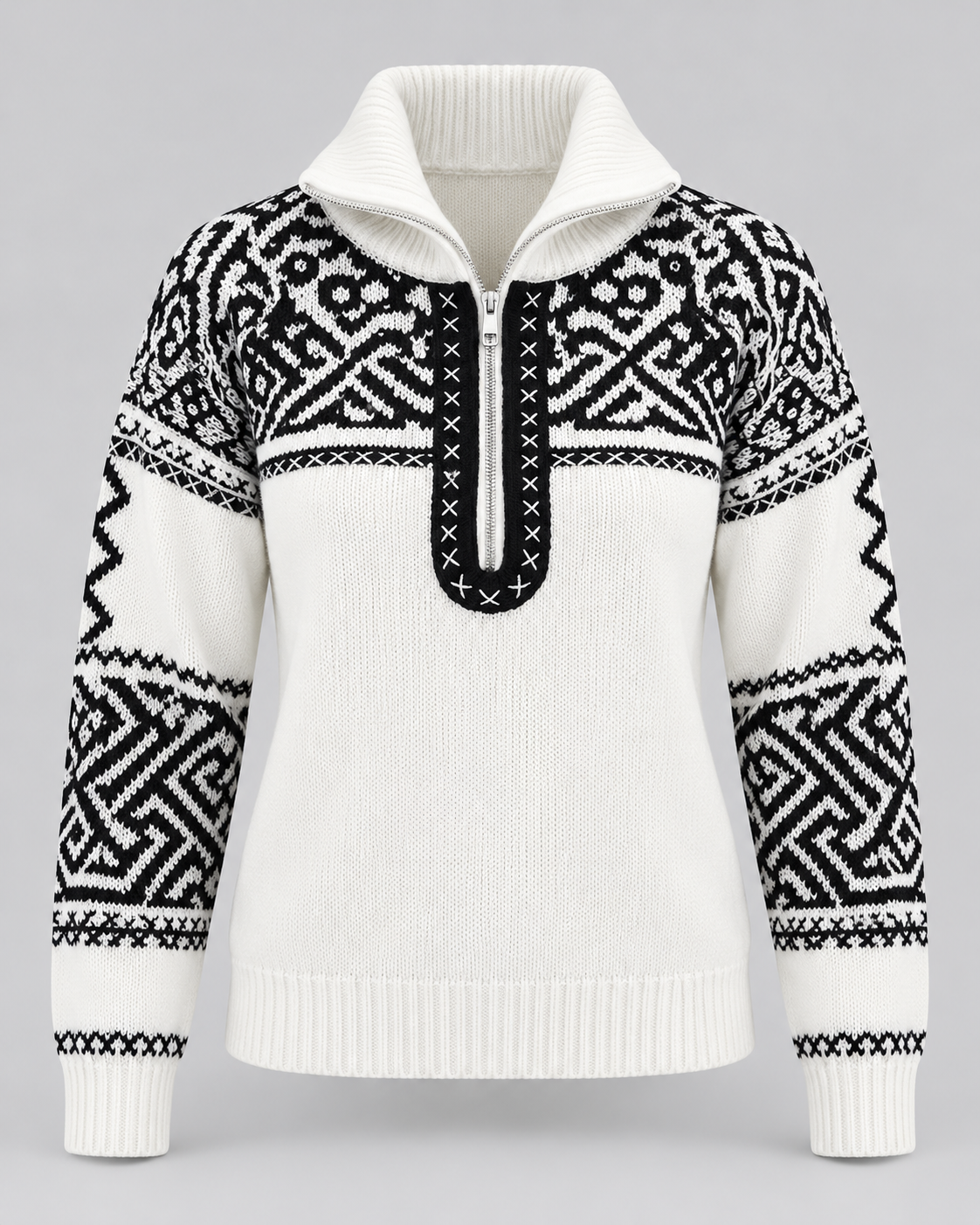 Women's Aztec Geometric Quarter-Zip Sweater – Funnel Collar Knit Pullover