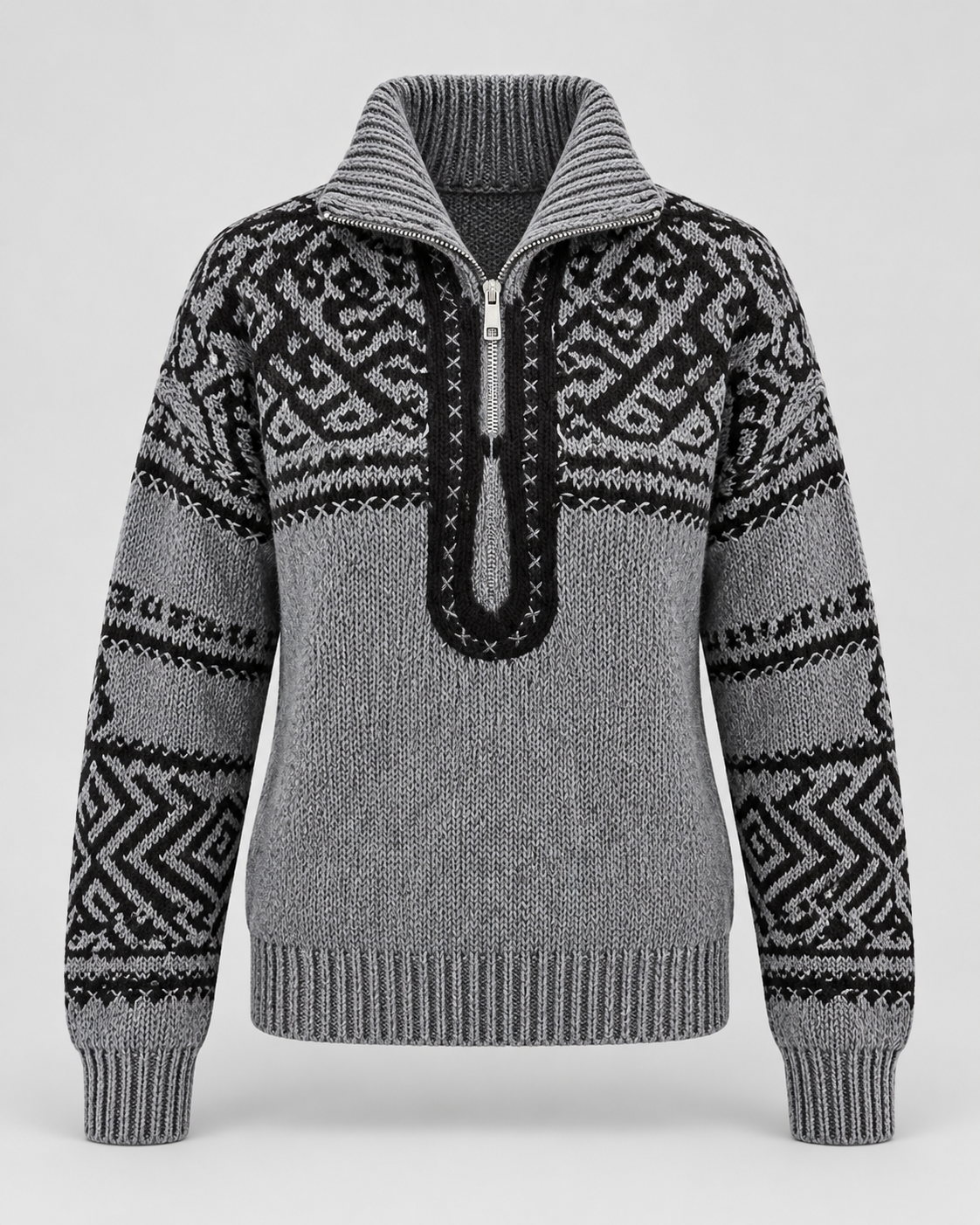 Women's Aztec Geometric Quarter-Zip Sweater – Funnel Collar Knit Pullover