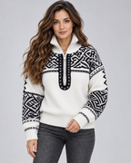 Women's Aztec Geometric Quarter-Zip Sweater – Funnel Collar Knit Pullover