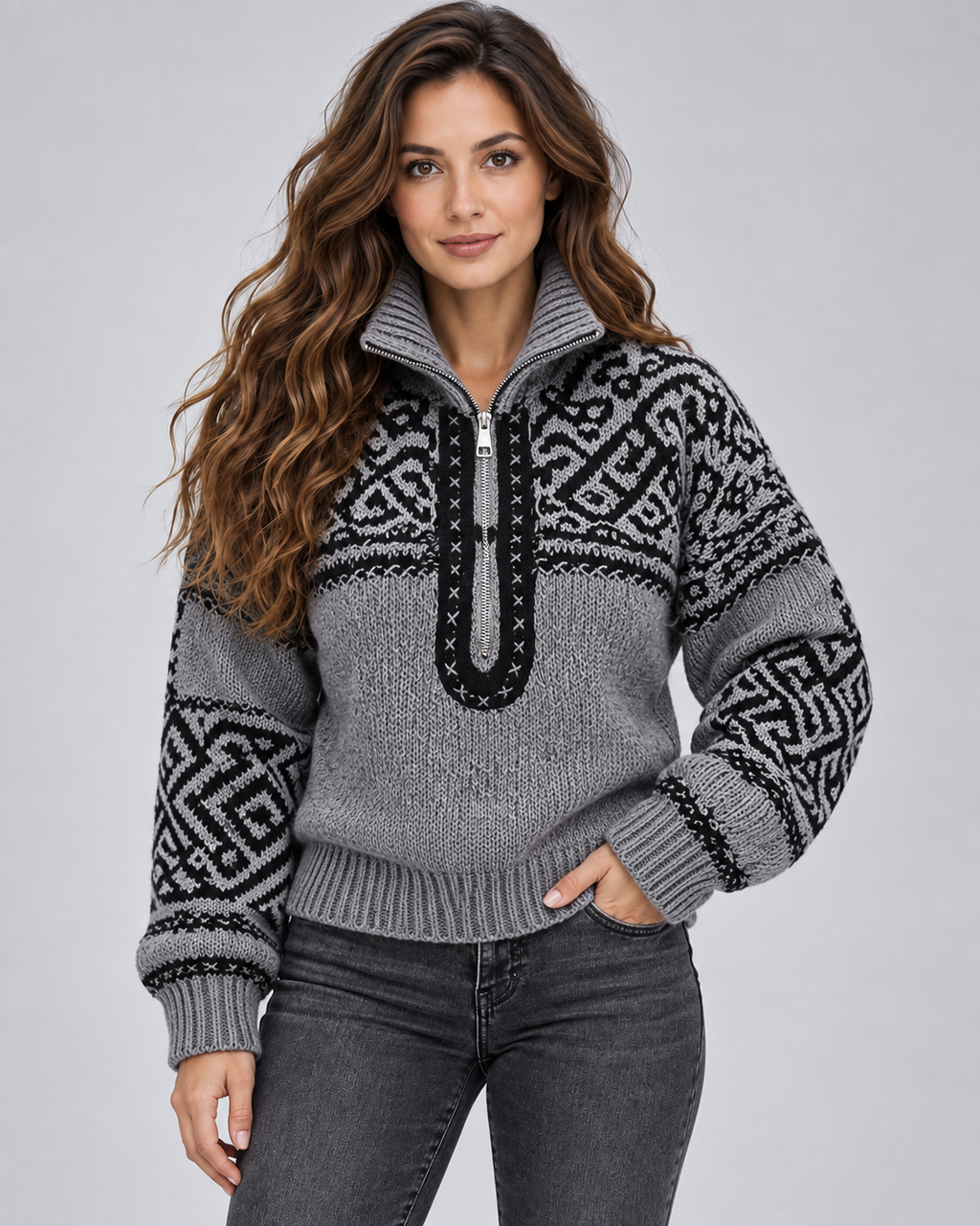 Women's Aztec Geometric Quarter-Zip Sweater – Funnel Collar Knit Pullover