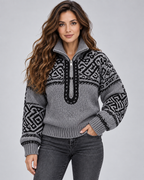 Women's Aztec Geometric Quarter-Zip Sweater – Funnel Collar Knit Pullover