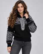 Women's Aztec Geometric Quarter-Zip Sweater – Funnel Collar Knit Pullover