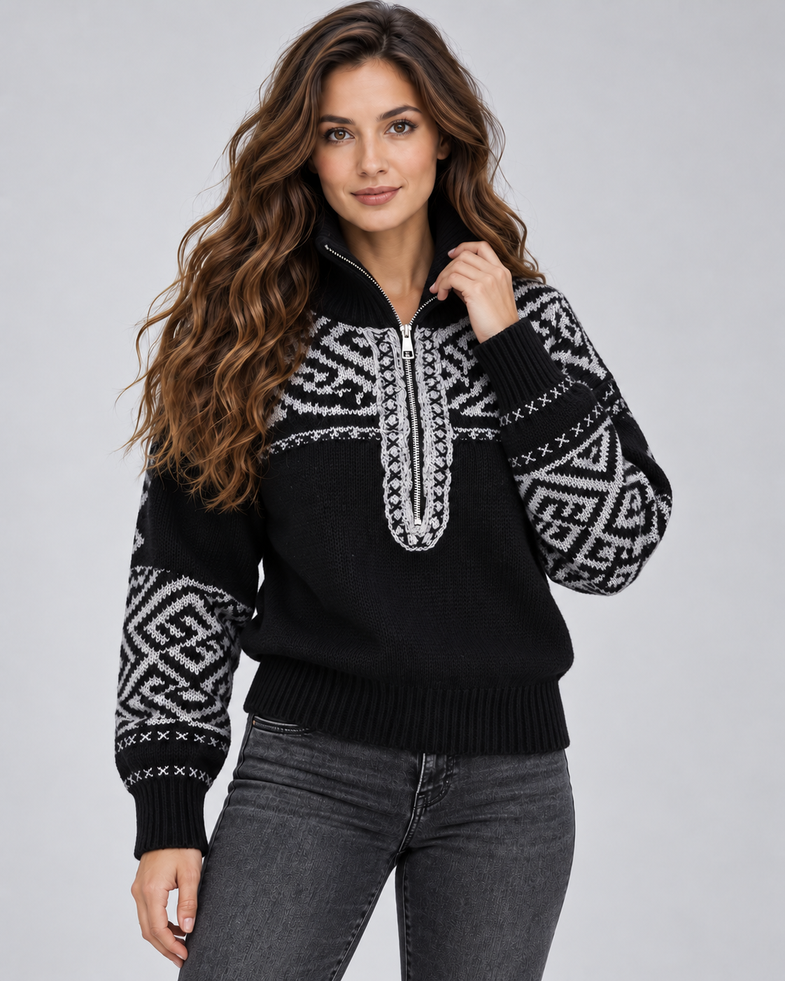 Women's Aztec Geometric Quarter-Zip Sweater – Funnel Collar Knit Pullover