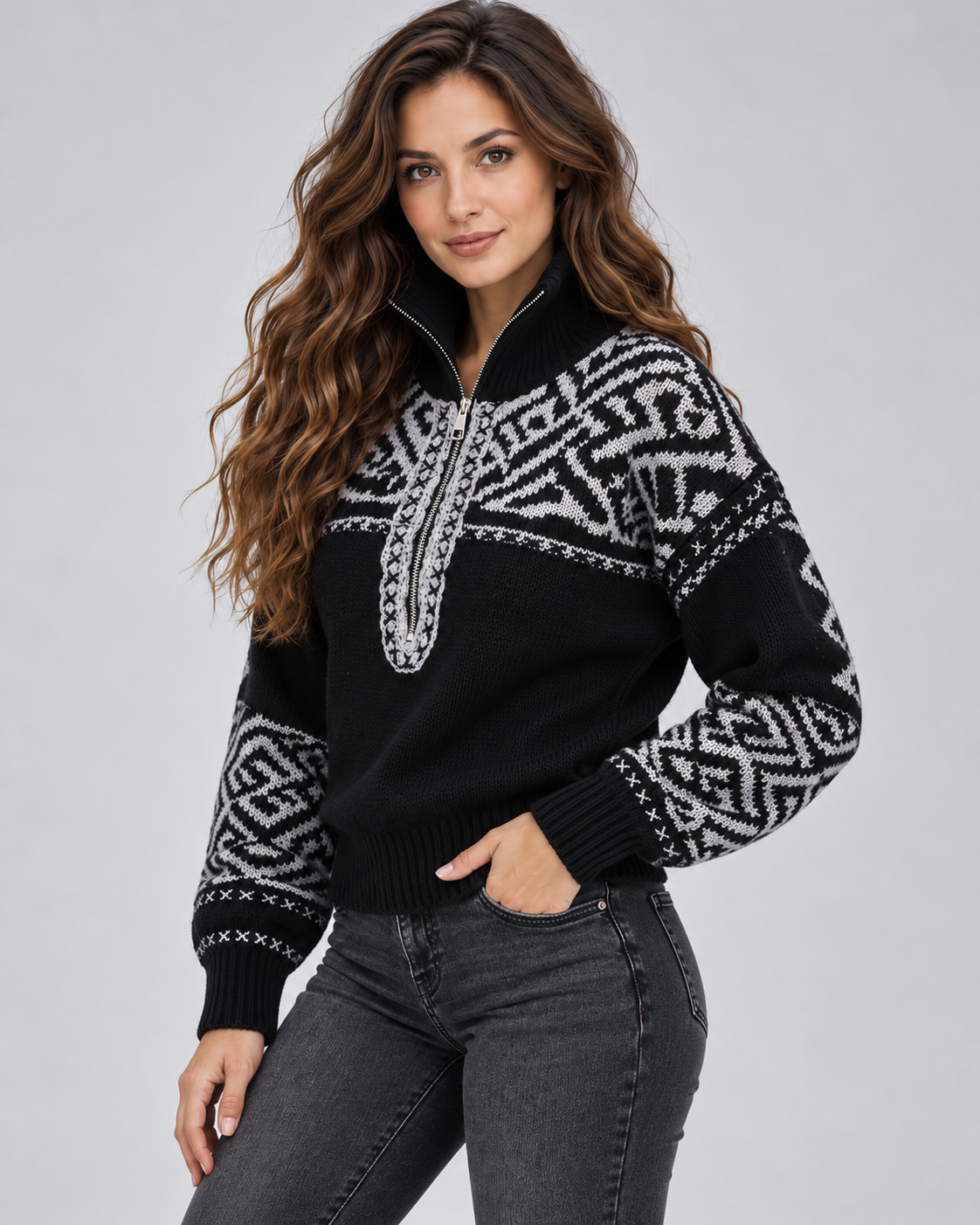 Women's Aztec Geometric Quarter-Zip Sweater – Funnel Collar Knit Pullover