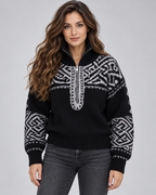 Women's Aztec Geometric Quarter-Zip Sweater – Funnel Collar Knit Pullover