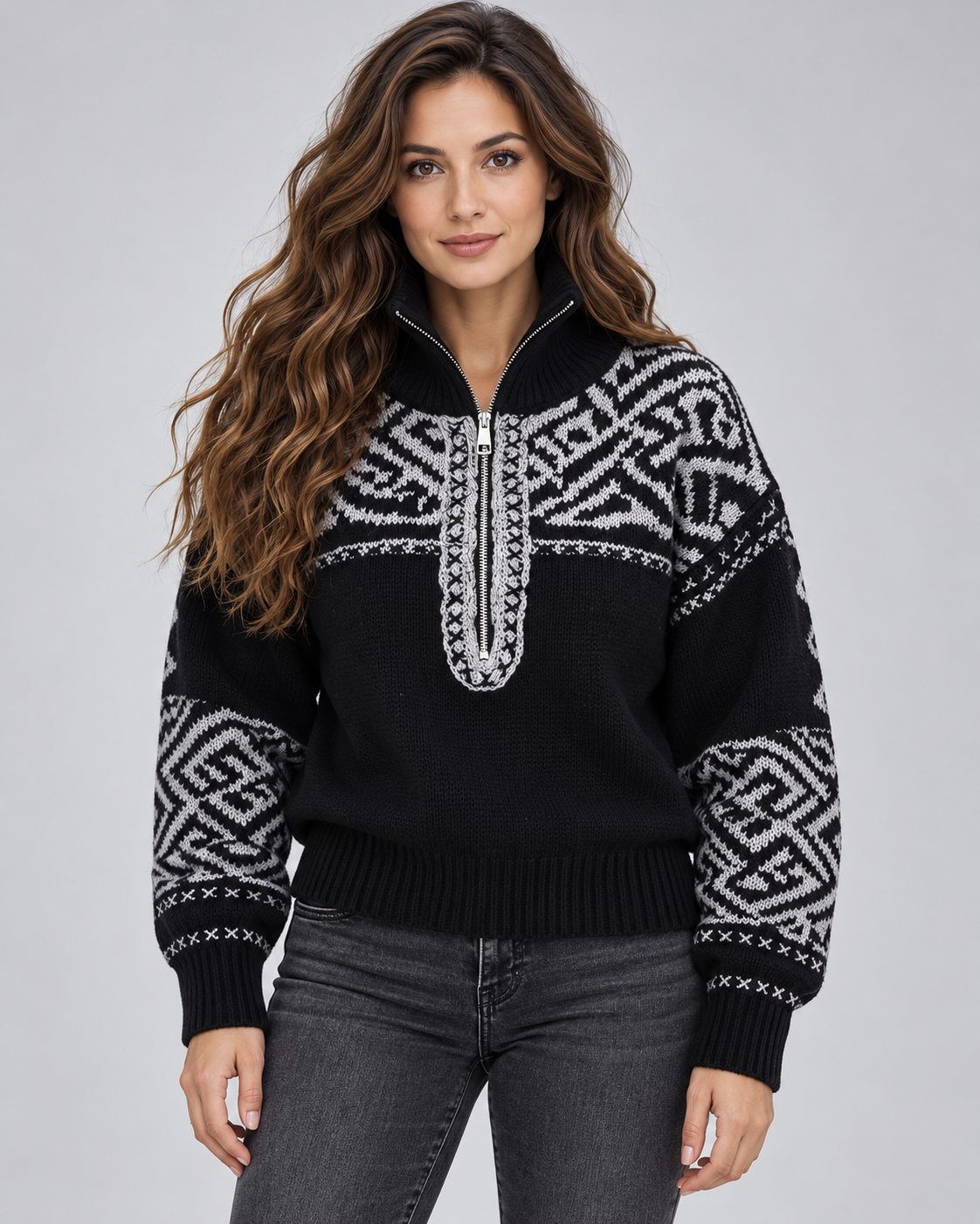 Women's Aztec Geometric Quarter-Zip Sweater – Funnel Collar Knit Pullover
