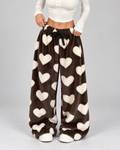 Women's Heart Print Fleece Lounge Pants – Wide Leg Drawstring Waist Sweatpants
