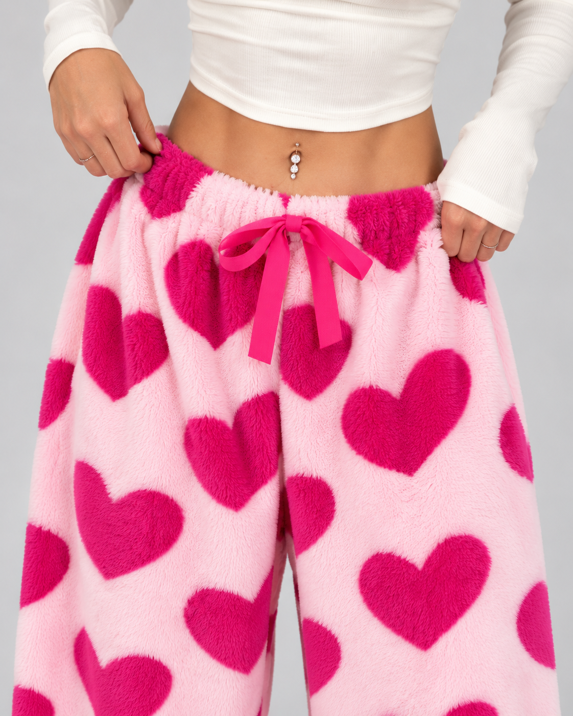 Women's Heart Print Fleece Lounge Pants – Wide Leg Drawstring Waist Sweatpants